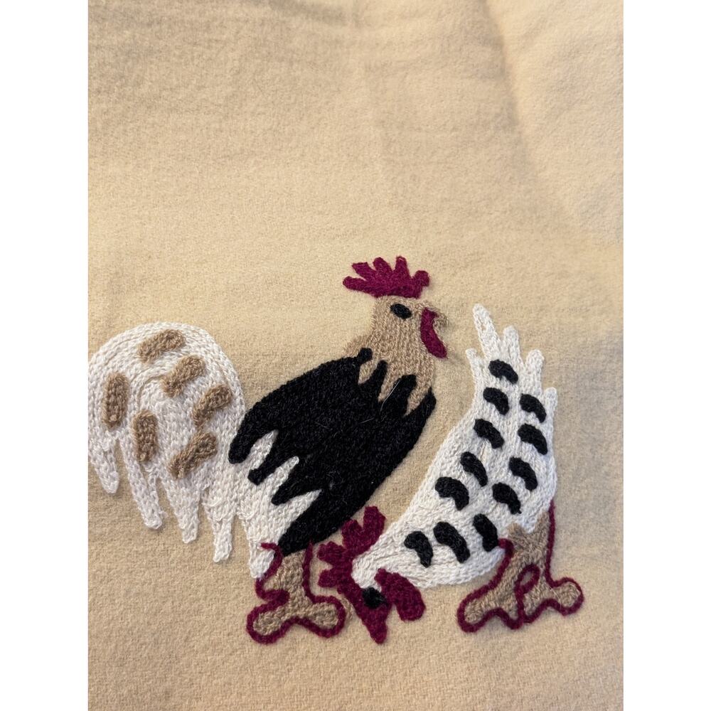 Vintage Tan Burgundy Black White 100% Wool Rooster Throw Blanket 54" X 70